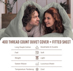 Pizuna 100% Cotton Full 3 Pc Duvet Cover + 1 Pc Fitted Sheet Set 400 Thread Count Silver Sateen Weave Luxurious Long Staple Cotton 4 Piece Bedding Set - 1 Duvet Cover, 2 Pillow Shams, 1 Fitted Sheet