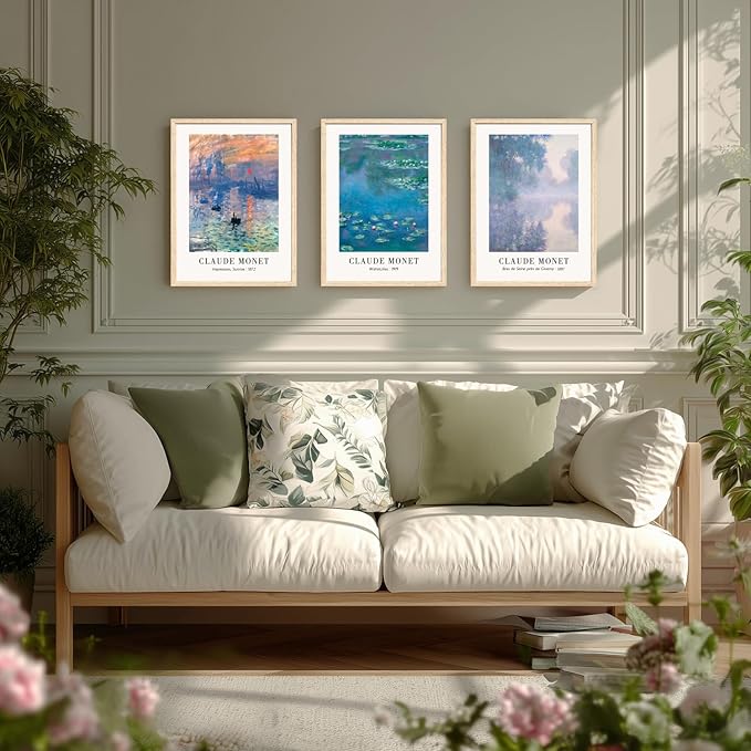 Cyebmo Vintage Botanical Wall Art Set of 3, Claude Monet Water Lilies Art Prints, Impression Sunrise Water Lilies Seine River Poster Prints for Living Room Bedroom Bathroom Wood Framed 16"x24"x3
