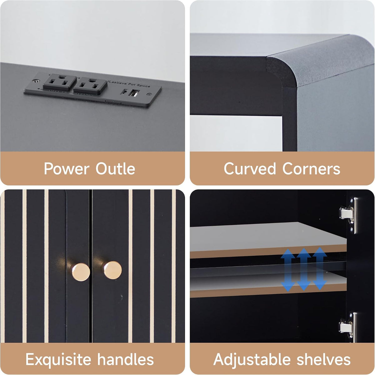 23.6" Modern Black Nightstand Set of 2 with Chariging Station 2AC+USB+Type-C, Classic Striped Side Table with Door+Storage Shelf, Rectangle End Table for Living Room, Bedroom (2, Black)