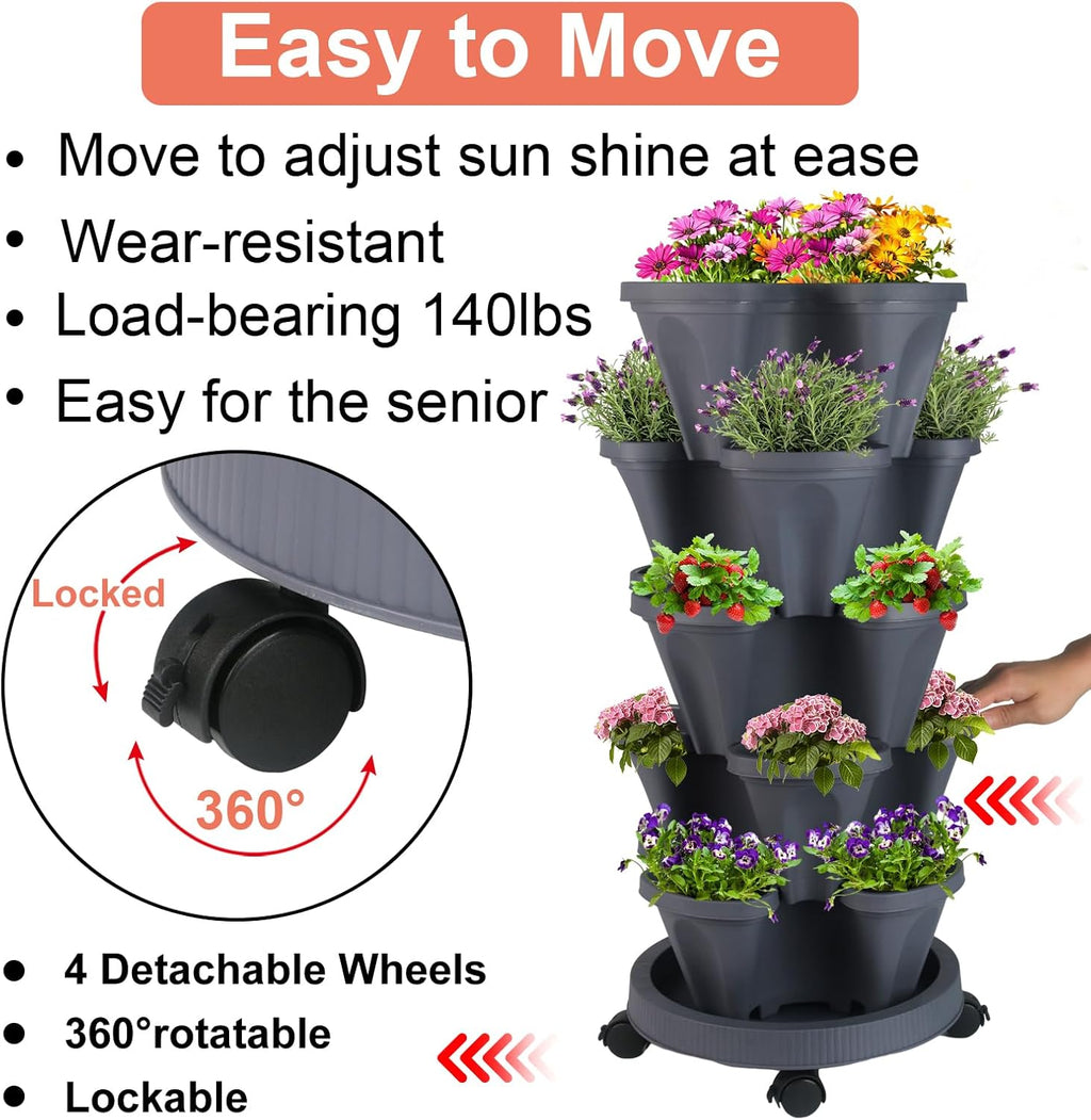 Vertical Planter 5 Tier Stackable Planters Garden Planters Strawberry Herb Flower and Vegetable Planter Indoor Outdoor Gardening Pots with Removable Wheels and Tools