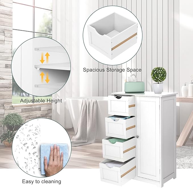 VINGLI White Bathroom Storage Cabinet with 4 Drawers 1 Cupboard Side Storage with Adjustable Shelf, Wood Bathroom Floor Cabinet with Drawers Also for Kitchen, Entryway, Bedroom, 22" Wx11.8 Dx32.3 H