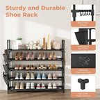 5 Tier Shoe Rack, Shoe Organizer Storage for 20-25 Pair Boot and Sneaker, Stackable Free Standing Shoe Shelf with Hooks and Side Pocket, Space Saving Shoes Rack for Closet, Entryway