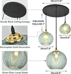 KCO Lighting Vintage Green Glass Chandelier 3 Light Pendant Light Fixtures Farmhouse Striped Glass Pendant Light Gold and Black Hanging Lights Multi Light Cluster Pendant Lighting