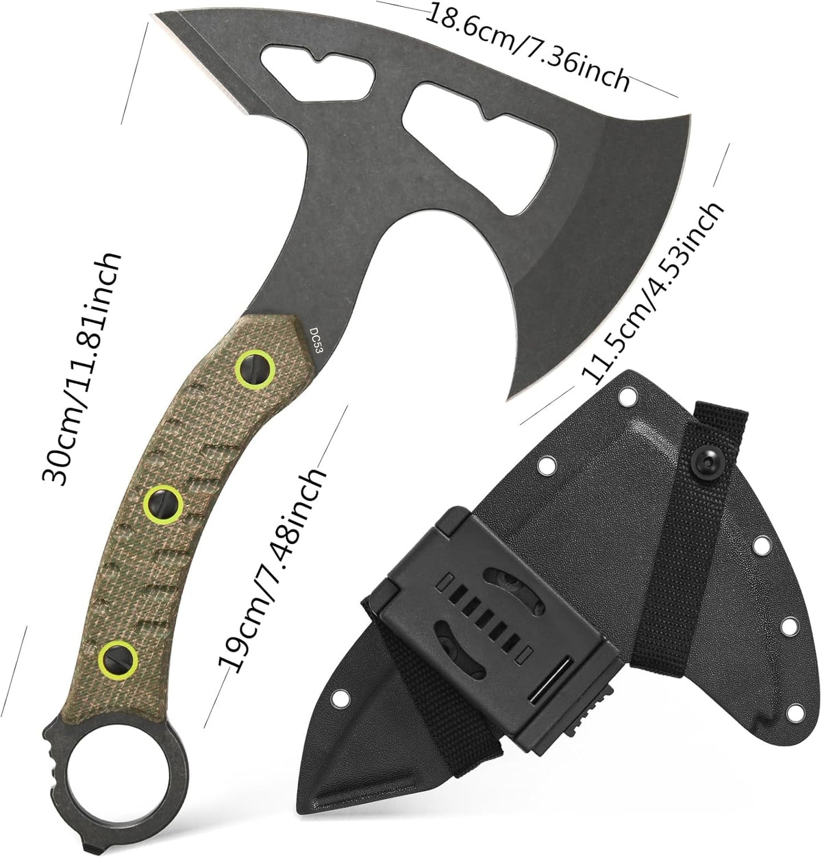 C1392 Camping Axes,DC53 Steel Blade with Micarta Handle Chopping Axe Bushcraft Camping Axes Survival Hatchet with Kydex Sheaths for Hiking Hunting Camping Splitting Chopping Wood(Green)