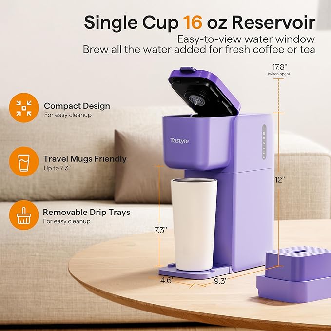 Single Serve Coffee Maker for K Cup, Ground and Tea, Hot and Iced Coffee Machines with Bold Setting, 6 to 16 Oz Brew Sizes, Compact for Small Spaces, Purple (2.0 Version)