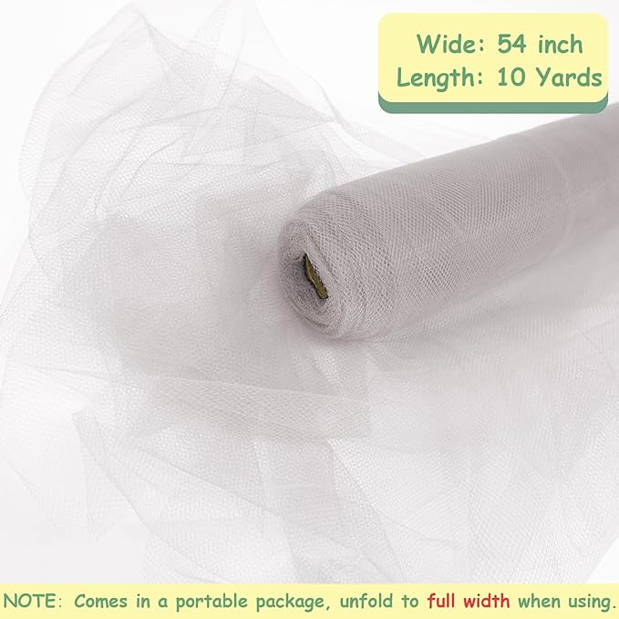 Silver Tulle Fabric Rolls, 54 Inch by 10 Yards (30 ft) Tulle Ribbon for Wedding Party Decoration Sheer Fabric Spool Bolt, Ceiling Decor, Tutu Skirt, Christmas Gift Wrapping, Soft & Drape (Silver)