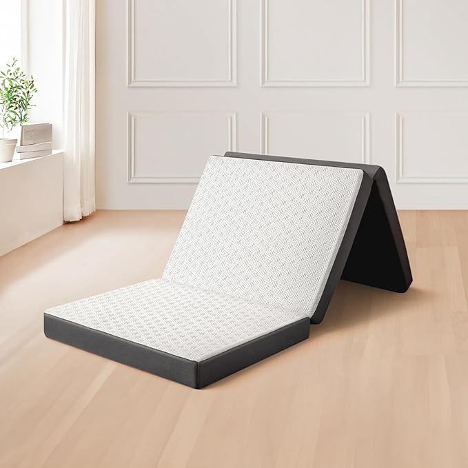 Folding Mattress 4in Single Memory Foam Tri-Folding Mattress with Washable Cover Foldable Floor Mat for Guest Bed, Camping, Yoga, RV Travel, White, (Size: 25" L x 75" W x 4" Th)