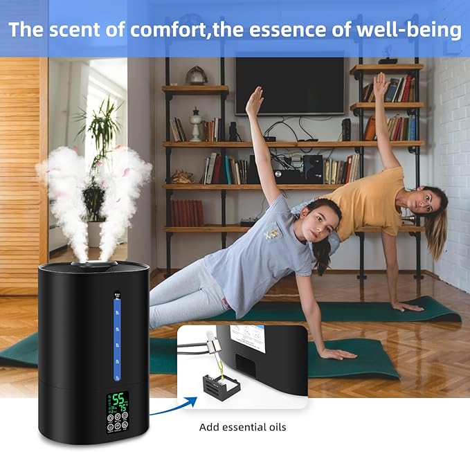 6L Humidifiers for Bedroom Large Room Home, Cool and Warm Humidifier for Plants Mist Top Fill Desk Humidifier Essential Oil Diffuser, Quiet Humidifiers with Adjustable Mist,360°Nozzle-Black
