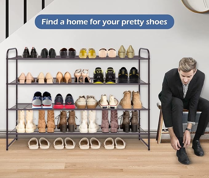 KEETDY 4-Tier Long Shoe Rack for Closet Floor, Wide Shoe Organizer Storage, Stackable Shoe Rack for Entryway Metal Shoe Shelf for 30 Pairs Men Sneakers with Wire Grid for Bedroom, Bronze