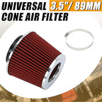 PTNHZ Universal Red 3.5" 89mm High Flow Cold Air Intake Cone Air Filter Power Intake Air Inlet System Air Cleaner