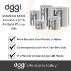 OGGI Stainless Steel Kitchen Canister 26 fl oz - Airtight Clamp Lid, Clear See-Thru Top - Ideal for Kitchen Storage, Food Storage, Pantry Storage. Size 5" x 3.5".