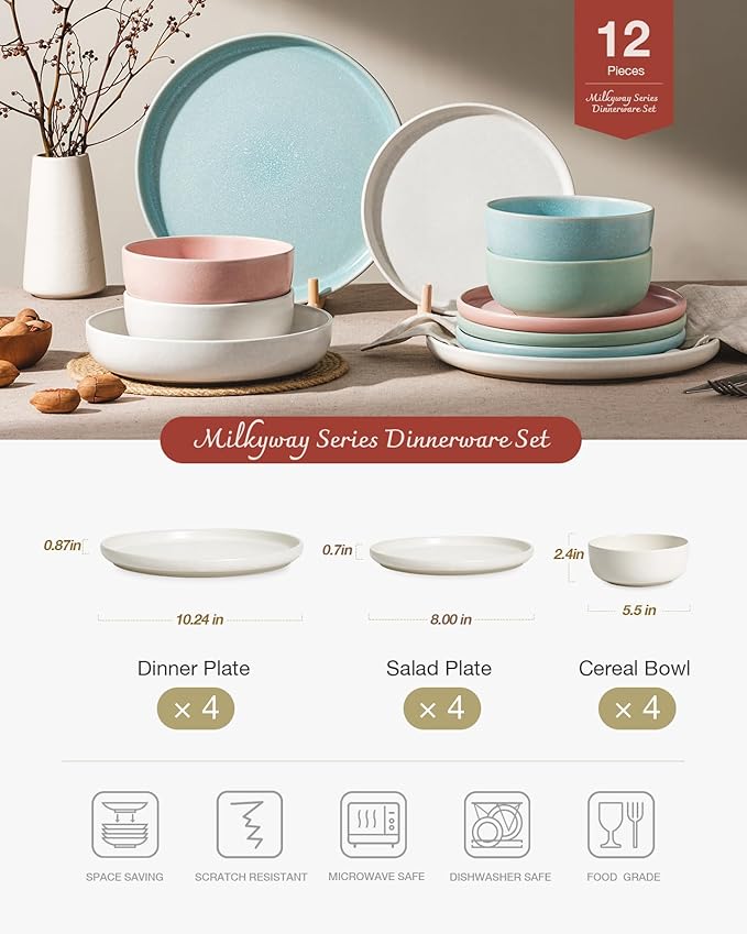 Famiware Milkyway Plates and Bowls Sets, 12 Pieces Dinnerware Sets, Reactive Glaze Dish Set, Stoneware Dishes Set for 4, Matte Multi-color