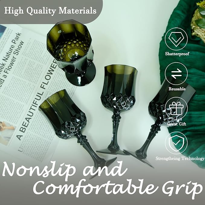 Plastic Wine Glasses，Plastic Goblets Vintage Style Cordial Drinking Glasses for Wedding Reception, Grand Event Party Supplies (12, Black)