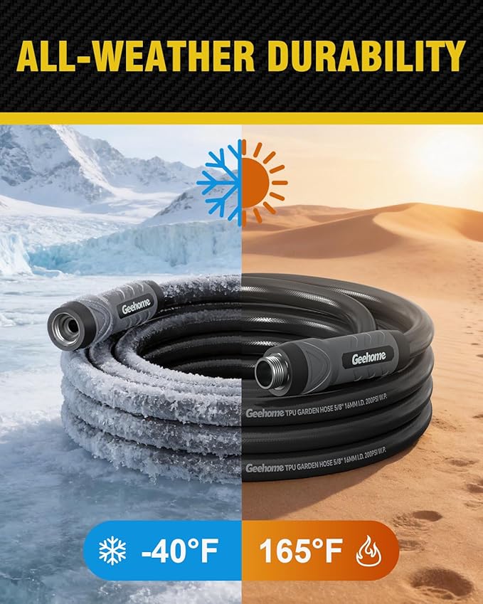100ft Polyurethane Garden Hose, 5/8 in Lightweight Flexible Water Hose with Swivel Fittings, All-Weather, No-Kink Memory, Commercial Duty, Perfect for Home and Commercial Applications
