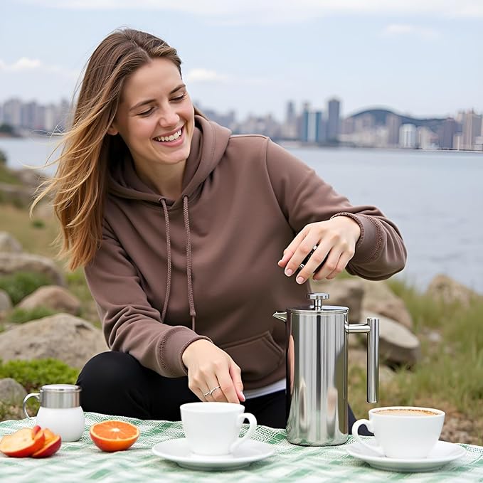 Travel French Press, 34oz Stainless Steel Coffee Press for Camping, Double Wall Insulated & No Drip Spout plastic free coffee maker