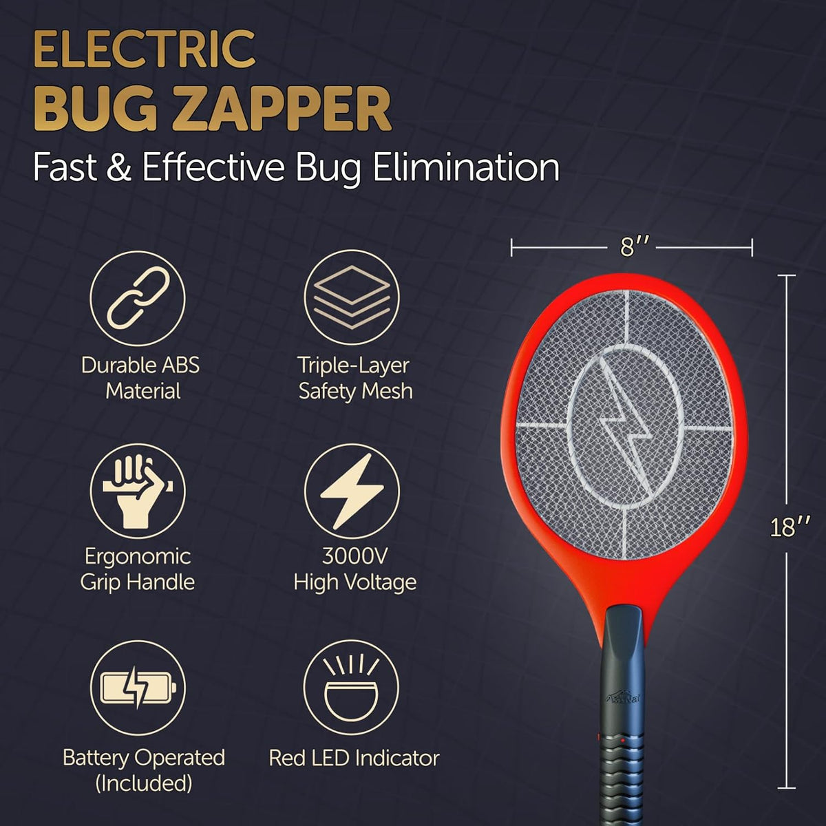 Upgraded Bug Zapper Racket 2025- Big Electric Fly Swatter & Mosquito Zapper for Indoor/Outdoor Insect Control - Battery-Operated Tennis Racket Zap - Portable High Voltage Bug Zapper
