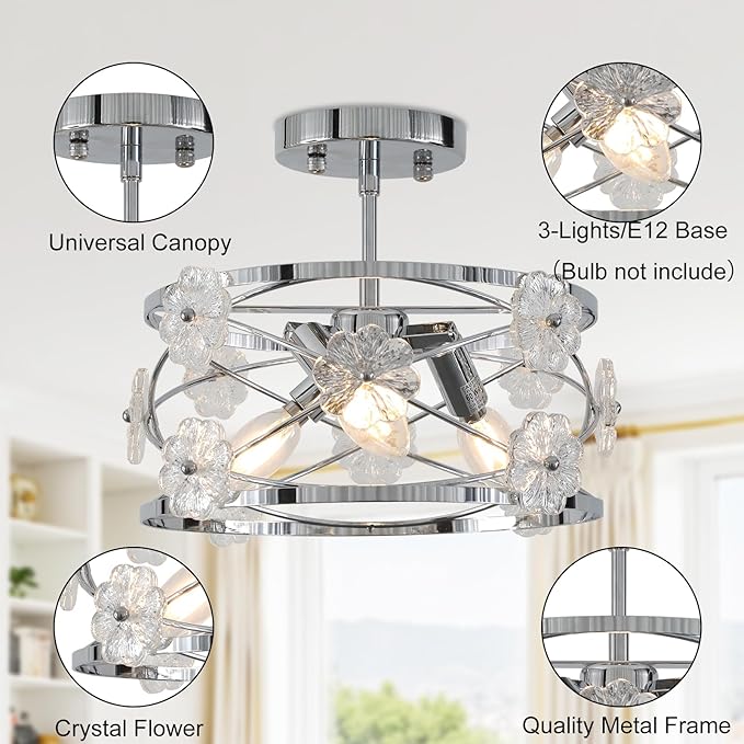 12.6" Semi Flush Mount Ceiling Light Modern 3-Lights Drum Ceiling Lighting with Chrome Finish Vintage Modern Crystal Flower Light Fixture for Bedroom, Entryway, Kitchen, Dining Room, E12