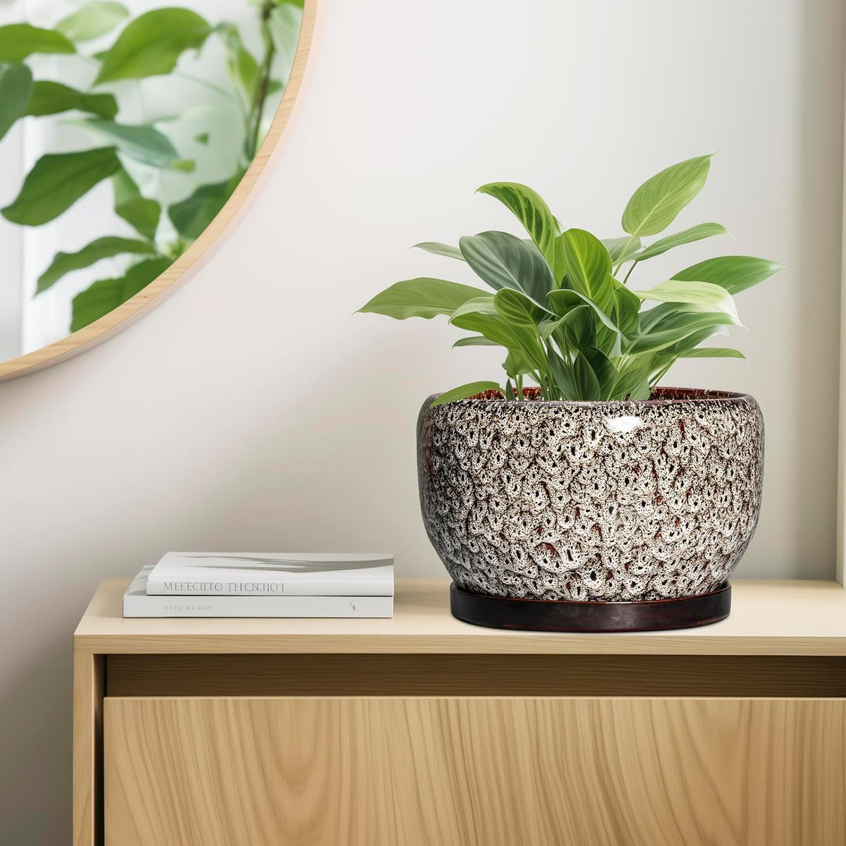 SQOWL Ceramic Plant Pots - 10 Inch Planter for Indoor Plants Outdoor, Large Flower Pots with Drainage Hole and Saucer, Decorative Round Planter, Apartment Decor, Garden Gifts for Women, White