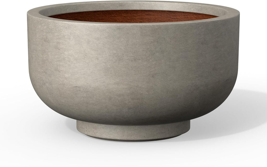 Kante 13.8 Inch Dia Concrete Bowl Planter, Large Tapered Bottom Plant Pot with Drainage, Smooth Weathered Concrete Finish with Warm Brown Interior, Ideal for Porch, Home, Garden, Patio