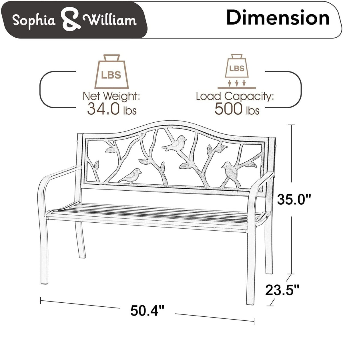 Sophia & William 50 Inches Outdoor Bench for Patio and Park, Bird Bronze