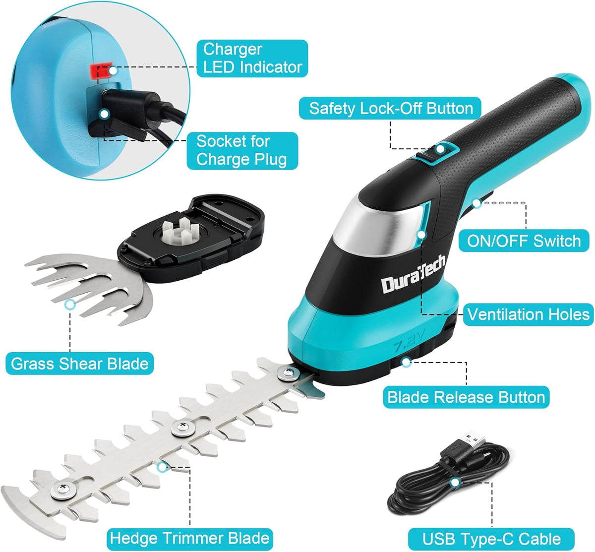 DURATECH Cordless Hedge Trimmer, 7.2V 2-in-1 Handheld Rechargeable Grass Trimmer & Hedge Shears with USB Type-C Cable, Built-in Li-ion Battery, Electric Shrub & Grass Shears for Garden, Yard and Lawn