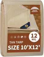 RAINDEWAY 10x12 Feet Heavy Duty Tarp,12 Mil Tan Waterproof Poly Tarp Cover,UV Resistant,Weatherproof,Durable,Multipurpose Tarps with Grommets and Reinforced Edges