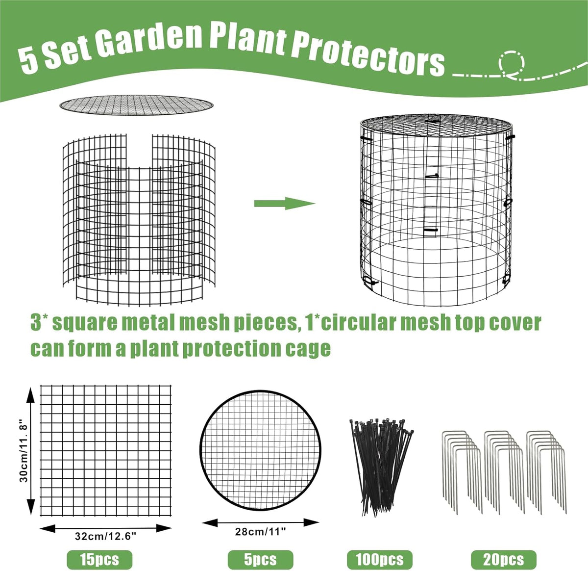 5 Packs Garden Plant Protectors from Animals,Metal Plant Cage Chicken Wire Cloche with Ground Stakes and Nylon Tie,Garden Plant Protectors for Flower Vegetable to Keep Animals Out-11.8"x 12.6"