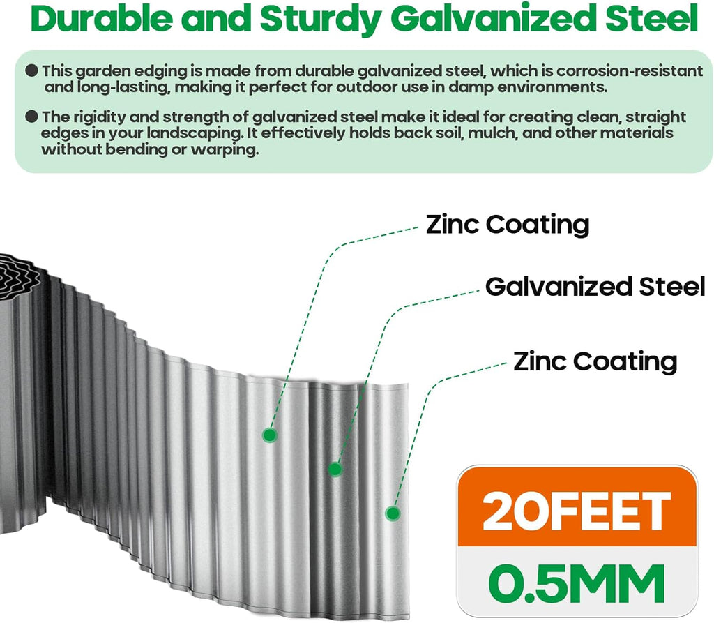 Corrugated Metal Garden Edging, Sturdy Tall Landscape Edging Borders, Perfect DIY for Flower Beds, Lawn and Pathway, Tree Surrounds, Paver Edges (Silver, 10"×20FT)