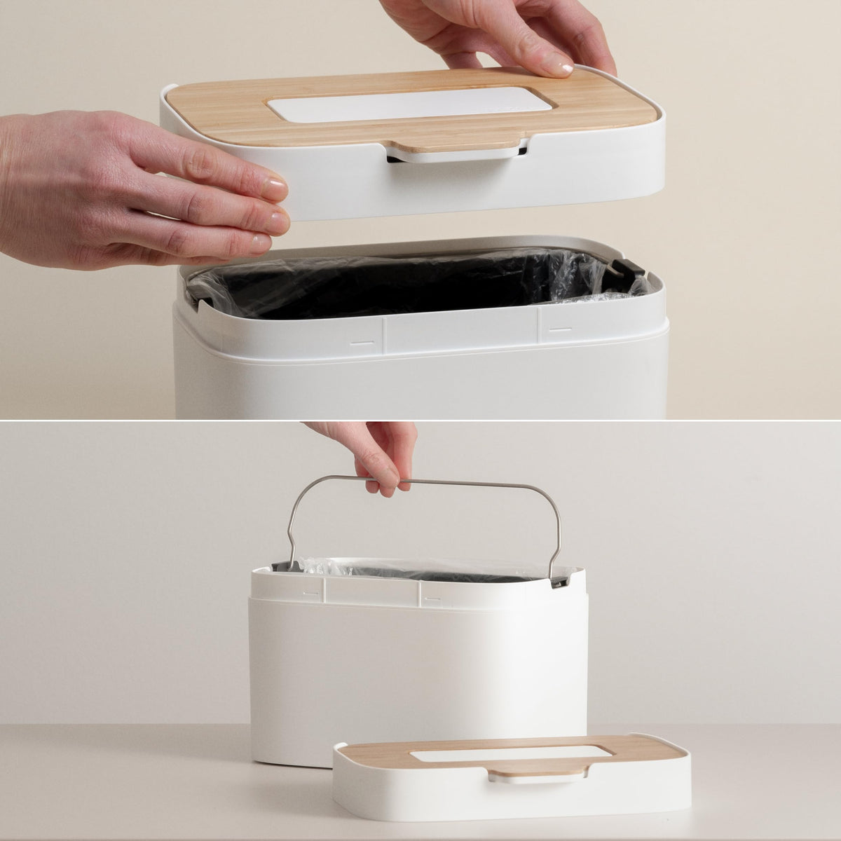 KAZAI. Compost Bin Kitchen 'Elin' | 1.2 GAL / 4.5L Countertop Compost Bin with Wooden Lid & Filter | Odor-Free, Dishwasher Safe, with Inner Bucket | Small Indoor Kitchen Composter | Off-White/Bamboo