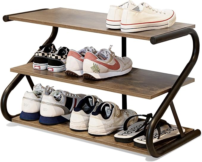 Shoe Rack, Z-Frame Wooden 3-Tier Shelf with Durable Metal Shelves, Shoe Organizer for High Heels, Hallway, Living Room, Closet, Bedroom (Light Rustic)