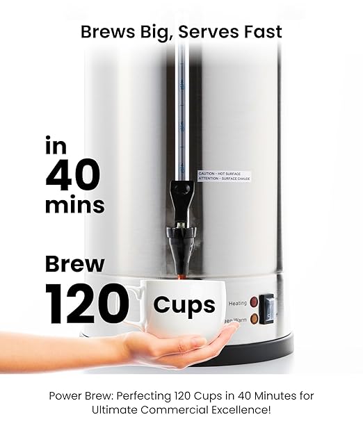 SYBO 120 Cup Commercial Coffee Urn & Hot Beverage Dispenser Stainless Steel Percolate Maker Fast Brew Keeps Warm – Ideal for Tea Water at Events Catering 18 L Metallic