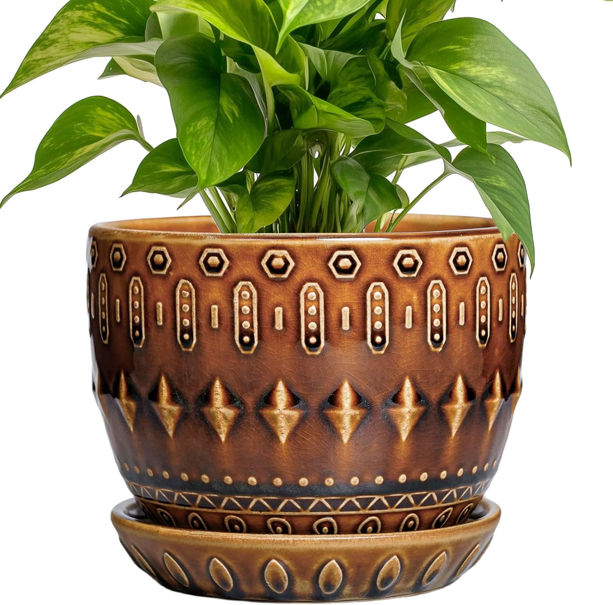 G EPGardening 5.5 Inch Plant Pot - Ceramic Planter for Indoor Outdoor Plants, Boho Round Indoor Flower Pot with Drainage Hole and Saucer, Housewarming Gifts, Garden Home Room Decor, Brown