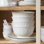 Large Salad Bowls Set of 4, 60oz White Serving Bowls Deep Deep Embossed Ceramic Mixing Bowl for Soup Kitchen, Eating, Ramen, Pasta, Dishwasher & Microwave Safe 8 inch (Cross Floral)