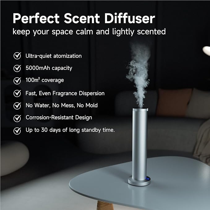 Wireless Essential Oil Diffuser: Smart Anti-Tip Aroma Diffuser with 3 Mist Modes, 1200 sq ft Coverage, Bluetooth Remote Control, Timer, Quiet Metal Body for Hotel Office Bedroom Large Home