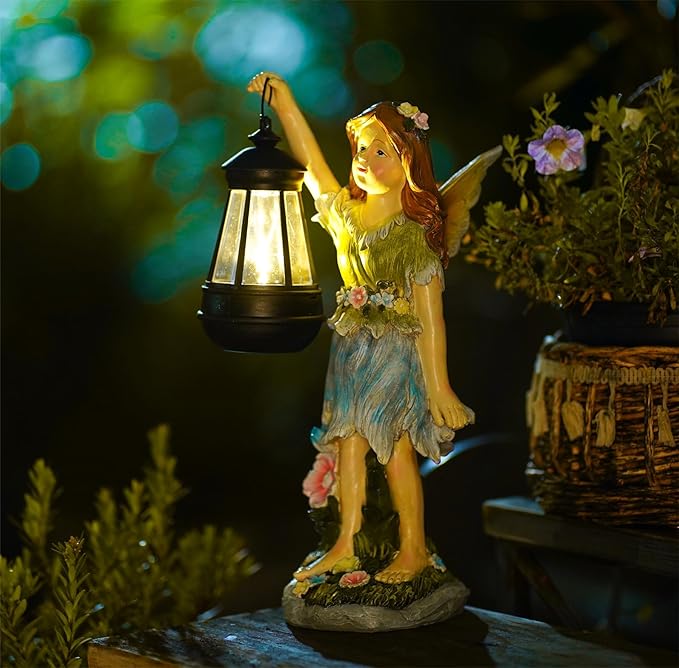 Fairy Garden Statue Solar Garden Fairy with Lantern Light Outdoor Decoration Waterproof Solar Sculpture for Patio Yard Lawn Gift for Mom Grandma