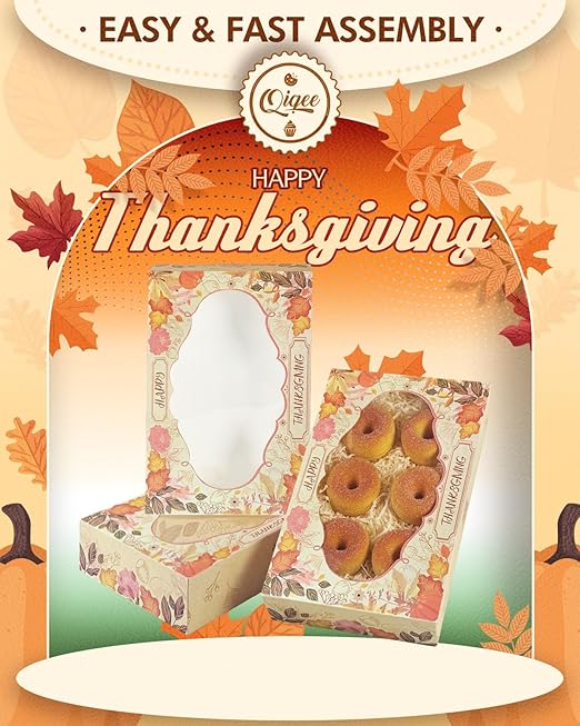 qiqee Thanksgiving Cookie Box with Window 12x8x2.5 inch 32 Packs Two Uses One Second Folding Pastry Biscuit Retro Leaves Bakery Box for Packaging Auto-pop up