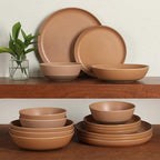 Gibson Elite Laguna Bliss 16 Piece Stoneware Reactive Glaze (Service for 4) Ceramic Plates and Bowls Dinnerware Set - Matte Clay W/Terracotta Bottom