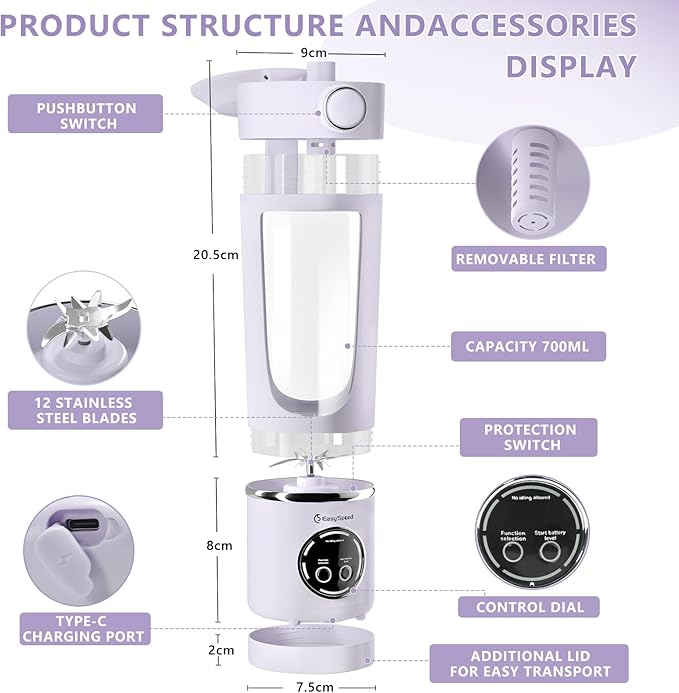 EasySpeed Personal Portable Blender,USB Type-C Rechargeable,700ml Juicer Cup,12 Stainless Steel Blades,4 Gear Modes,1500mAh Battery Capacity,Perfect for Fresh Juice at Home (Purple)