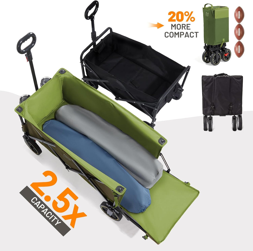Timber Ridge 49" Extra Long Collapsible Folding Wagon with Tailgate and Brakes, 300lbs Heavy Duty Foldable Wagon with Adjustable Handle, 250L Capacity Portable Cart for Outdoor Camping Sports, Green