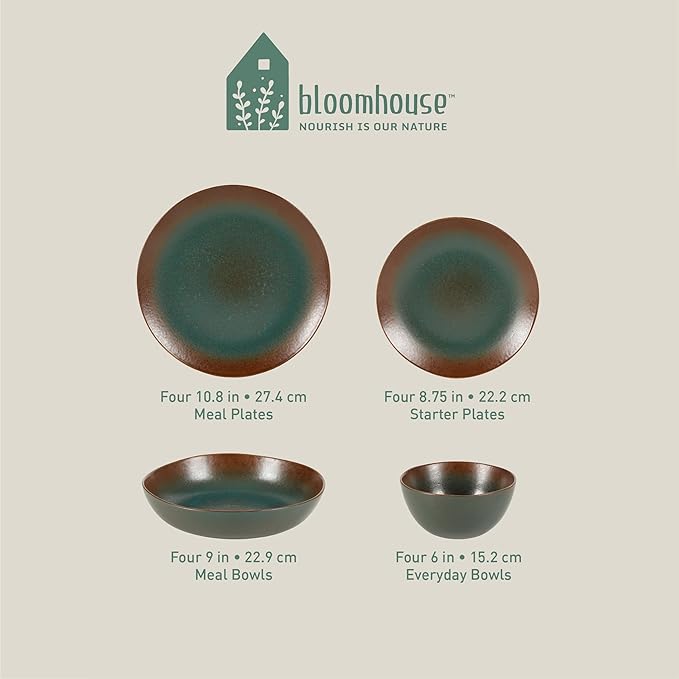 Bloomhouse - Oprah's Favorite Things - Palermo Sun Double Bowl Stoneware Reactive Glaze Plates and Bowls Dinnerware Set - Agave Blue, Service for Four (16pcs)