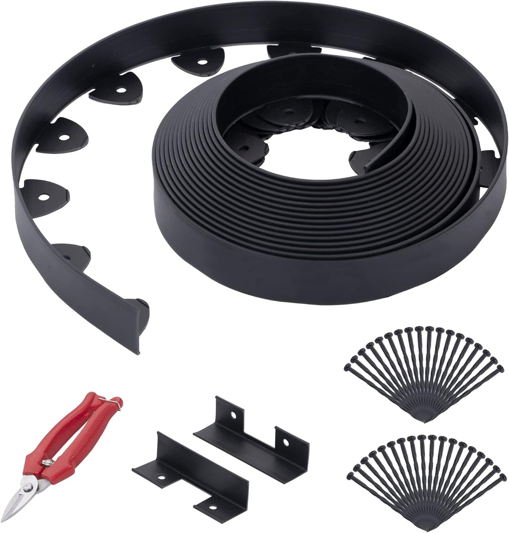 Landscape Edging, 40' 2" Tall Garden Edging with Scissors, Lawn Edging with 36 Garden Spikes and 2 Connectors, Heavy Duty PP&PE Material Edging for Landscaping, Garden, Lawn, Black