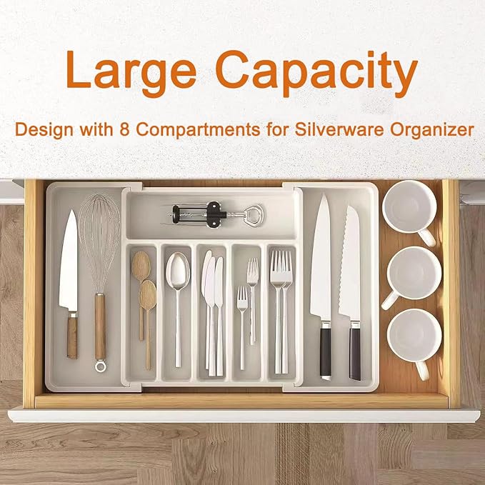 Silverware Drawer Organizer - Expandable Deep Utensil Organizer for Kitchen Drawers(White)
