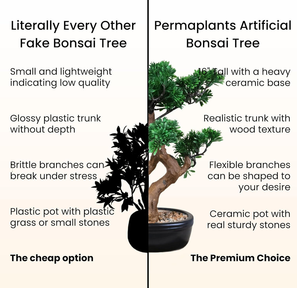 Artificial Bonsai Tree 16" Tall with Realistic Wood and Ceramic Pot Fake Plants Juniper Pine Zen Faux Plants for Home Bedroom Office Bathroom Japanese Decor