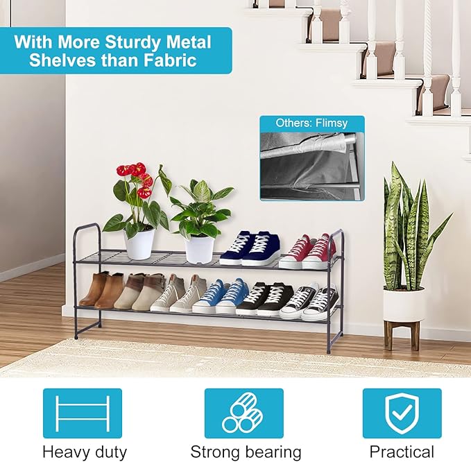 KEETDY 2-Tier Long Shoe Rack for Closet Entryway Shoe Organizer for 18 Pairs Sneakers, Metal Stackable Shoe Storage Shelf with Wire Grid for Bedroom, Floor, Bronze