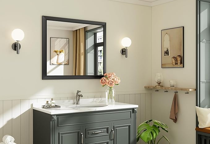 36x30 Inch Black Bathroom Mirror for Wall, Thick Metal Framed Rectangle Mirrors for Over Sink, Bedroom, Living Room, Entryway, Anti-Rust, HD Tempered Glass