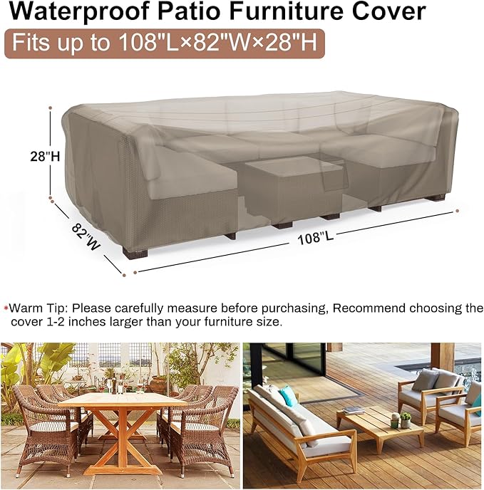 Mrrihand Heavy Duty Patio Furniture Covers, Outdoor Furniture Covers Waterproof Sectional Sofa Set, Patio Table and Chair Set Cover 108" L×82" W×28" H,Brown