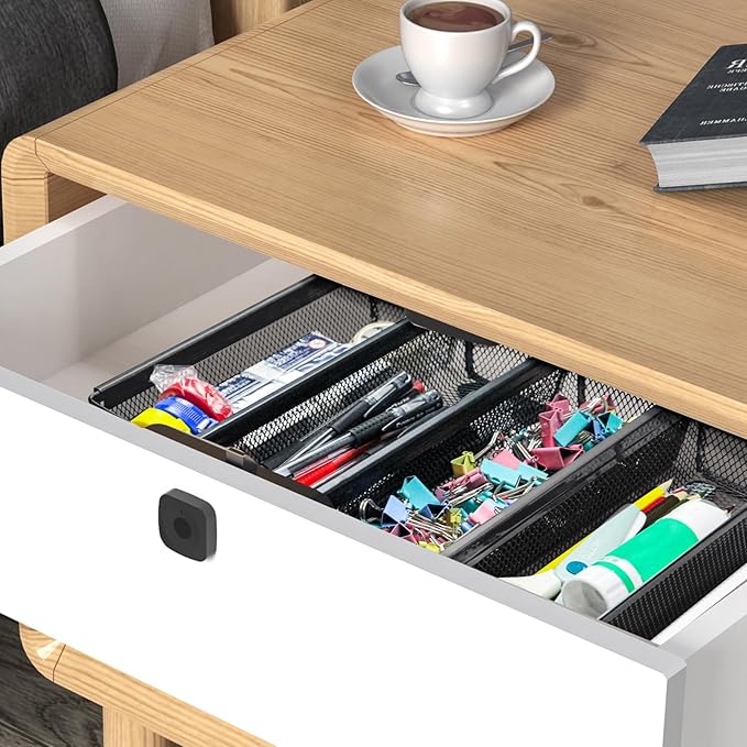 4PCS Drawer Organizer, Mesh Drawer Organizer with Interlocking Arm for Utensil, Cosmetic, Flatware, Pen (9 * 3 * 2 Inches, Black)