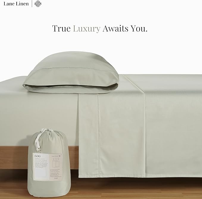 LANE LINEN 600 TC 100% Mercerized Cotton Twin XL Sheets Set, Soft & Comfy Sateen Weave - Perfect for Hospital beds or Dorm Room, Luxury Hotel Like Thick Sheets Twin XL Size Sheet Set - Mineral
