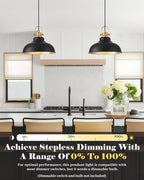 Black and Gold Pendant Light, 11.41 Inch Industrial Pendant Light Kitchen Island, Farmhouse Pendant Lights 2 Packs, Island Pendant Lights for Kitchen, Dining Room, Living Room