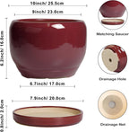SQOWL Ceramic Pot for Plants - 10 Inch Indoor Planter with Drainage Hole and Saucer, Round Modern Planter Outdoor, Decorative Large Plant Pot for Flower, Living Room Decor, Garden Gifts, Red